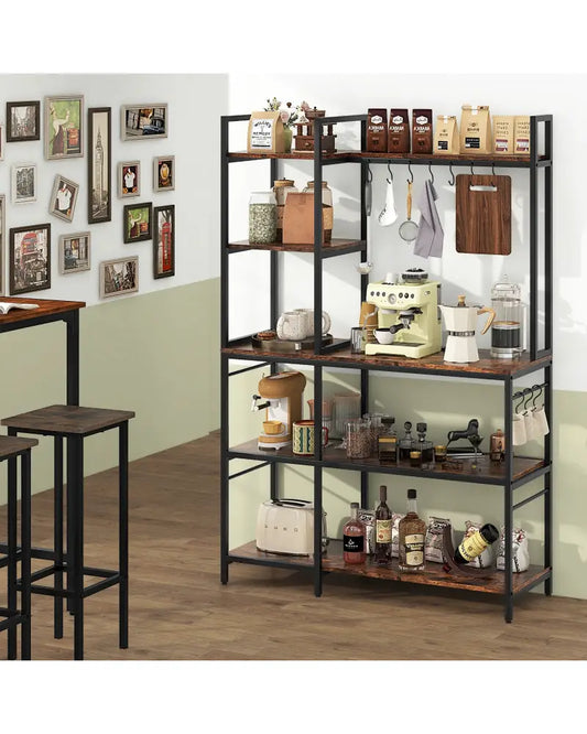 5-Tier Bakers Rack with Power Outlets and 10 S-Shaped Hooks-Rustic Brown - Rustic Brown - Baker’s Racks