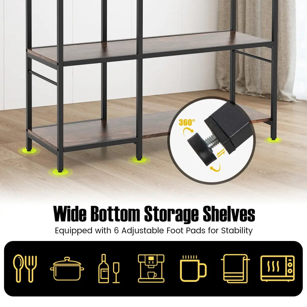 5-Tier Bakers Rack with Power Outlets and 10 S-Shaped Hooks-Rustic Brown - Rustic Brown - Baker’s Racks