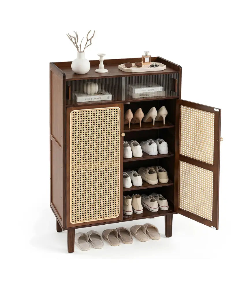 5-Tier Bamboo Shoe Cabinet with Woven Rattan Doors and Sliding Doors for Entryway-Walnut - Walnut - Shoe Racks &