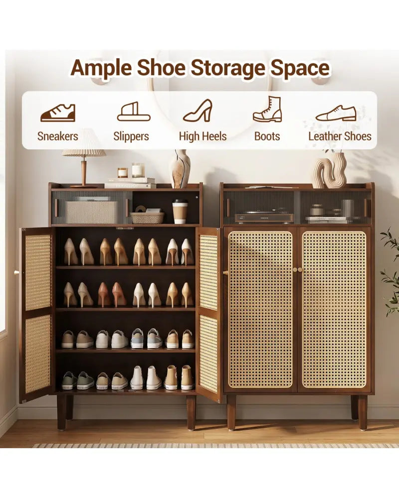 5-Tier Bamboo Shoe Cabinet with Woven Rattan Doors and Sliding Doors for Entryway-Walnut - Walnut - Shoe Racks &