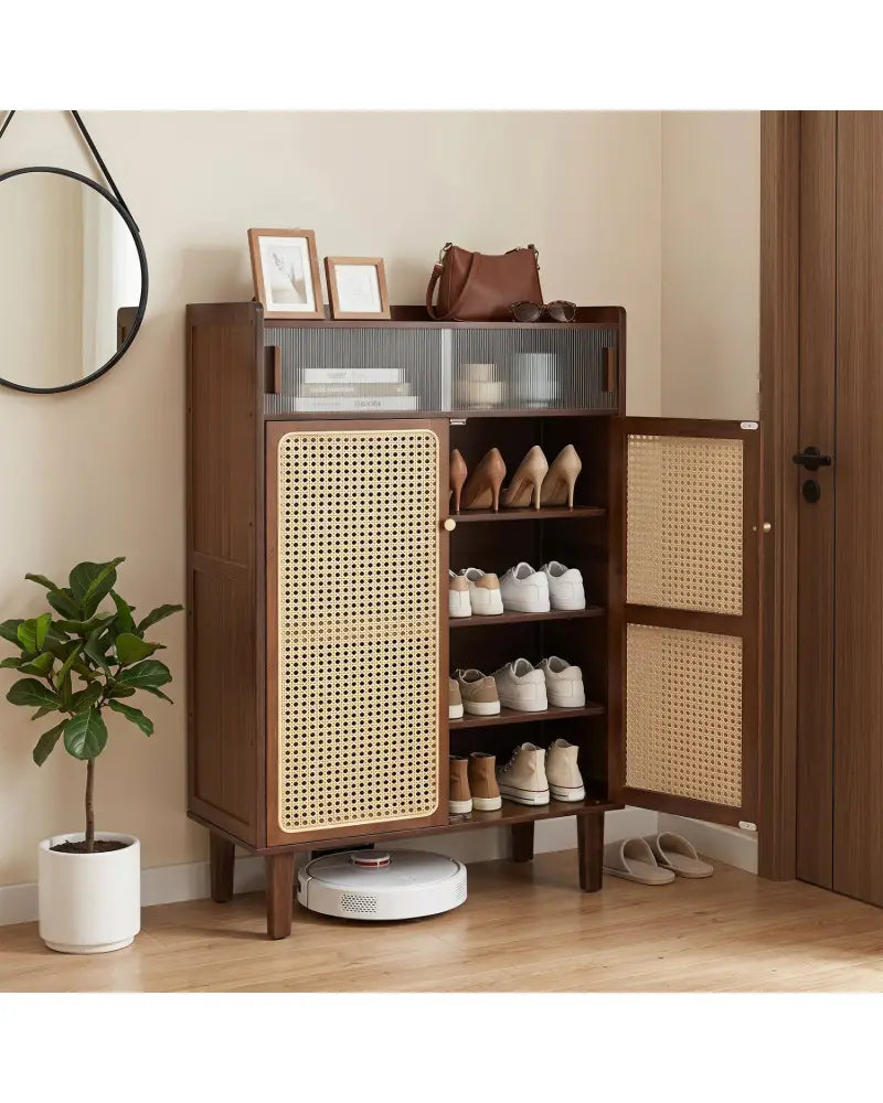 5-Tier Bamboo Shoe Cabinet with Woven Rattan Doors and Sliding Doors for Entryway-Walnut - Walnut - Shoe Racks &