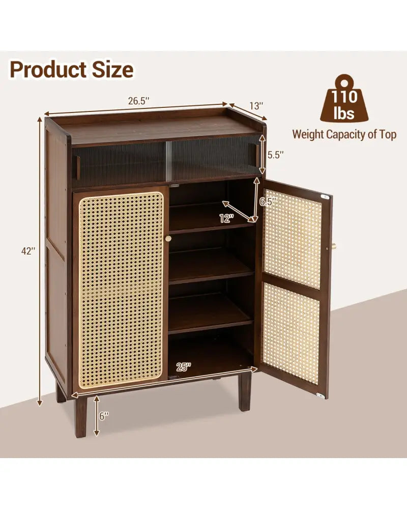 5-Tier Bamboo Shoe Cabinet with Woven Rattan Doors and Sliding Doors for Entryway-Walnut - Walnut - Shoe Racks &