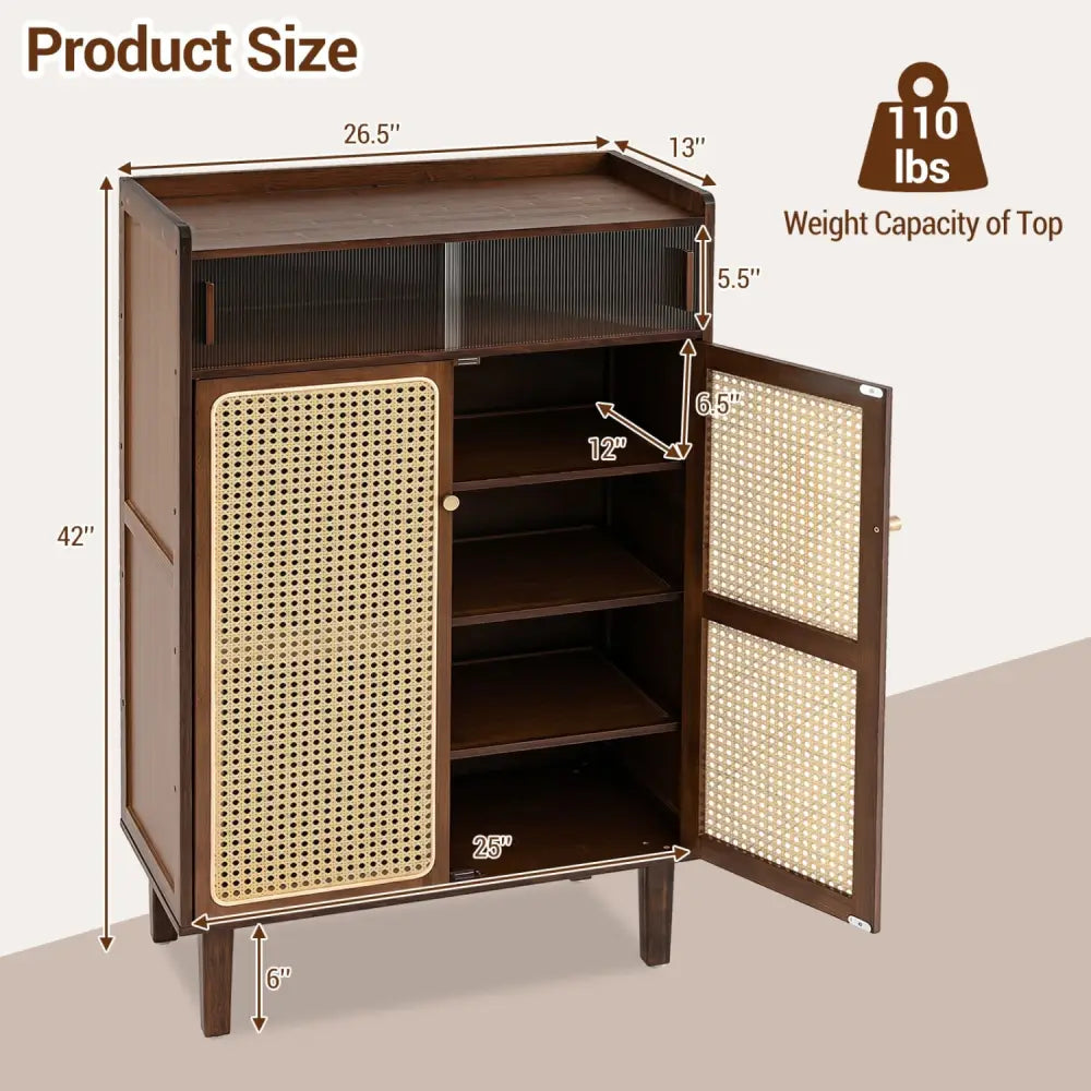 5-Tier Bamboo Shoe Cabinet with Woven Rattan Doors and Sliding Doors for Entryway-Walnut - Walnut - Shoe Racks &