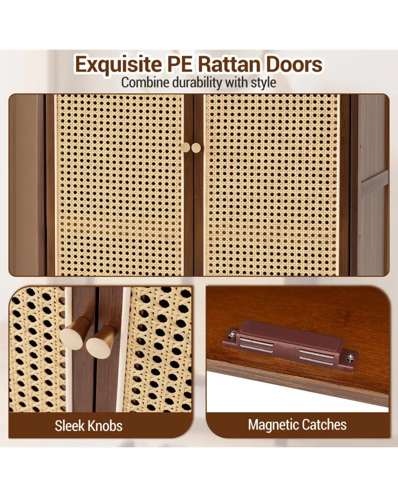 5-Tier Bamboo Shoe Cabinet with Woven Rattan Doors and Sliding Doors for Entryway-Walnut - Walnut - Shoe Racks &