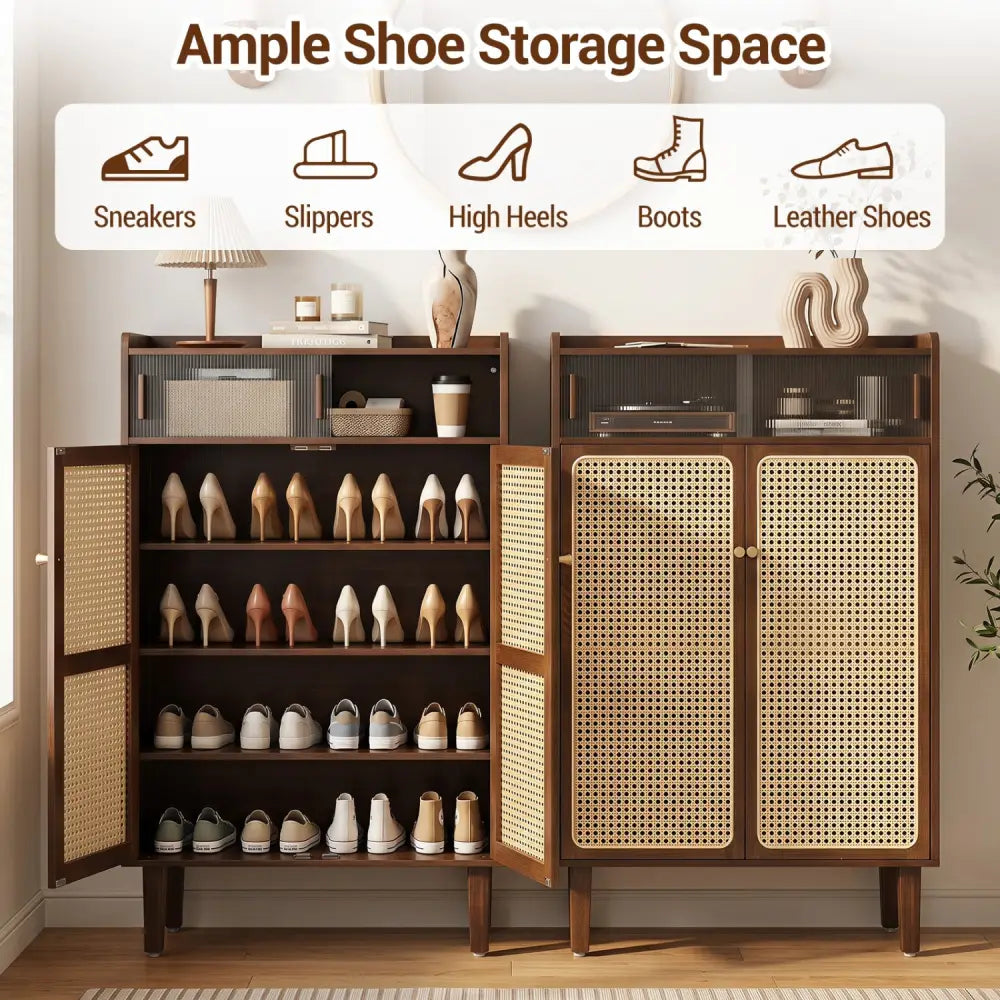 5-Tier Bamboo Shoe Cabinet with Woven Rattan Doors and Sliding Doors for Entryway-Walnut - Walnut - Shoe Racks &