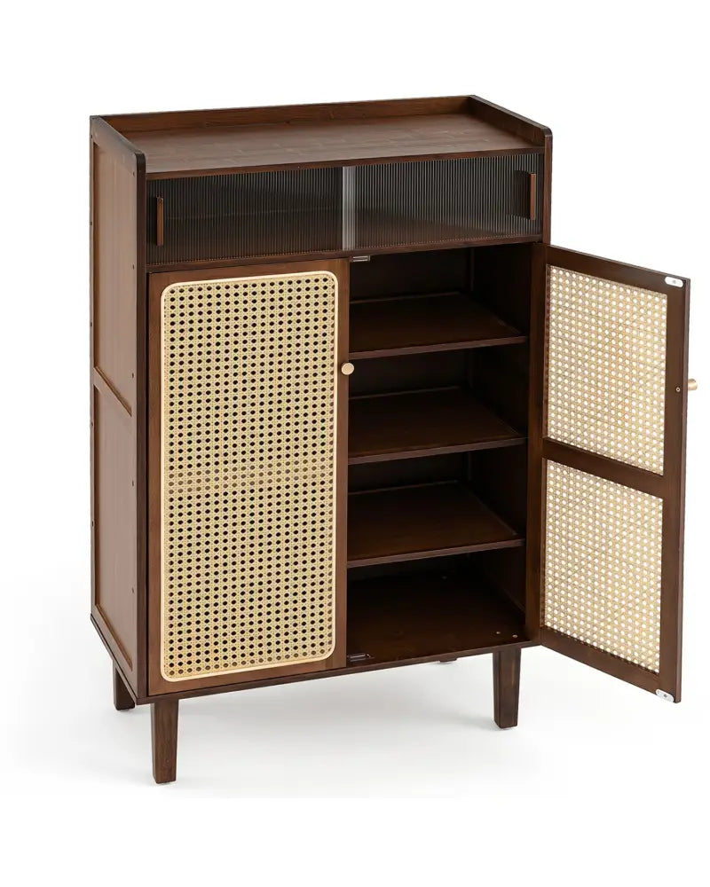 5-Tier Bamboo Shoe Cabinet with Woven Rattan Doors and Sliding Doors for Entryway-Walnut - Walnut - Shoe Racks &