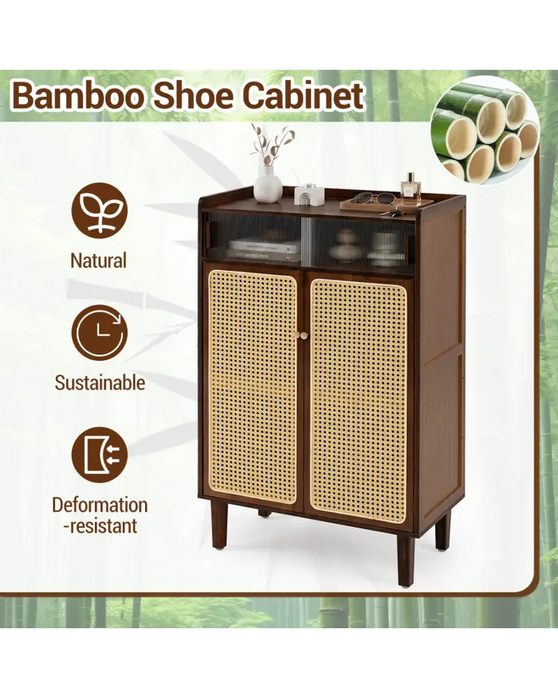 5-Tier Bamboo Shoe Cabinet with Woven Rattan Doors and Sliding Doors for Entryway-Walnut - Walnut - Shoe Racks &