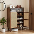 5-Tier Bamboo Shoe Cabinet with Woven Rattan Doors and Sliding Doors for Entryway-Walnut - Walnut - Shoe Racks &