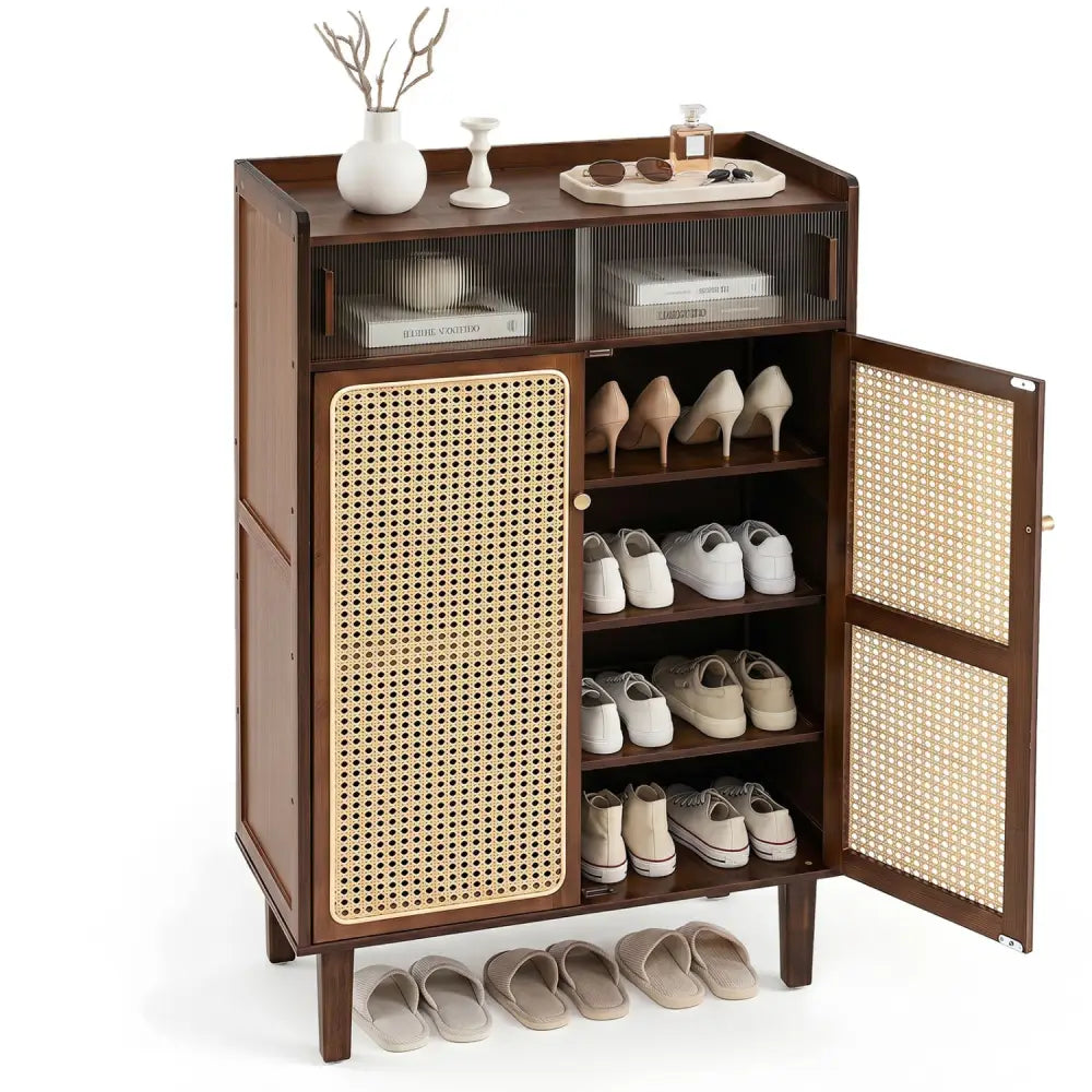 5-Tier Bamboo Shoe Cabinet with Woven Rattan Doors and Sliding Doors for Entryway-Walnut - Walnut - Shoe Racks &