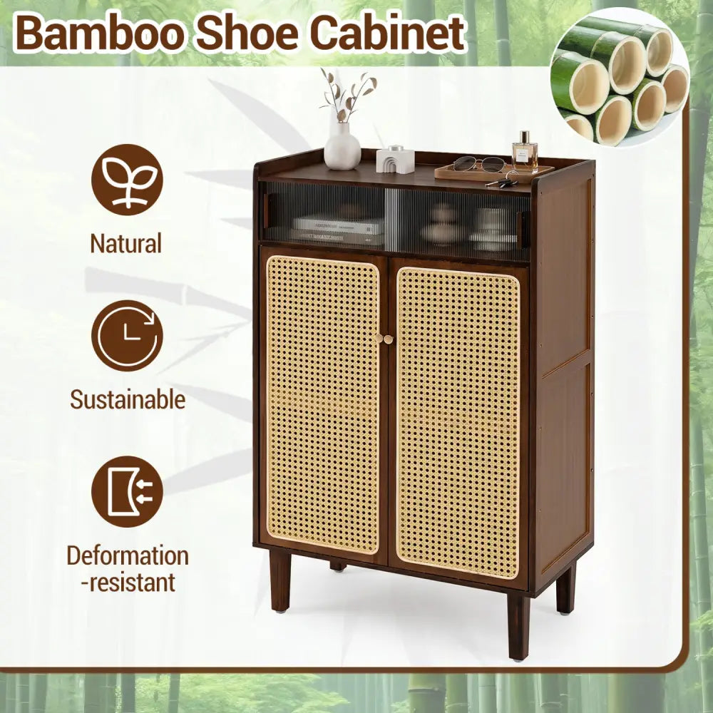 5-Tier Bamboo Shoe Cabinet with Woven Rattan Doors and Sliding Doors for Entryway-Walnut - Walnut - Shoe Racks &