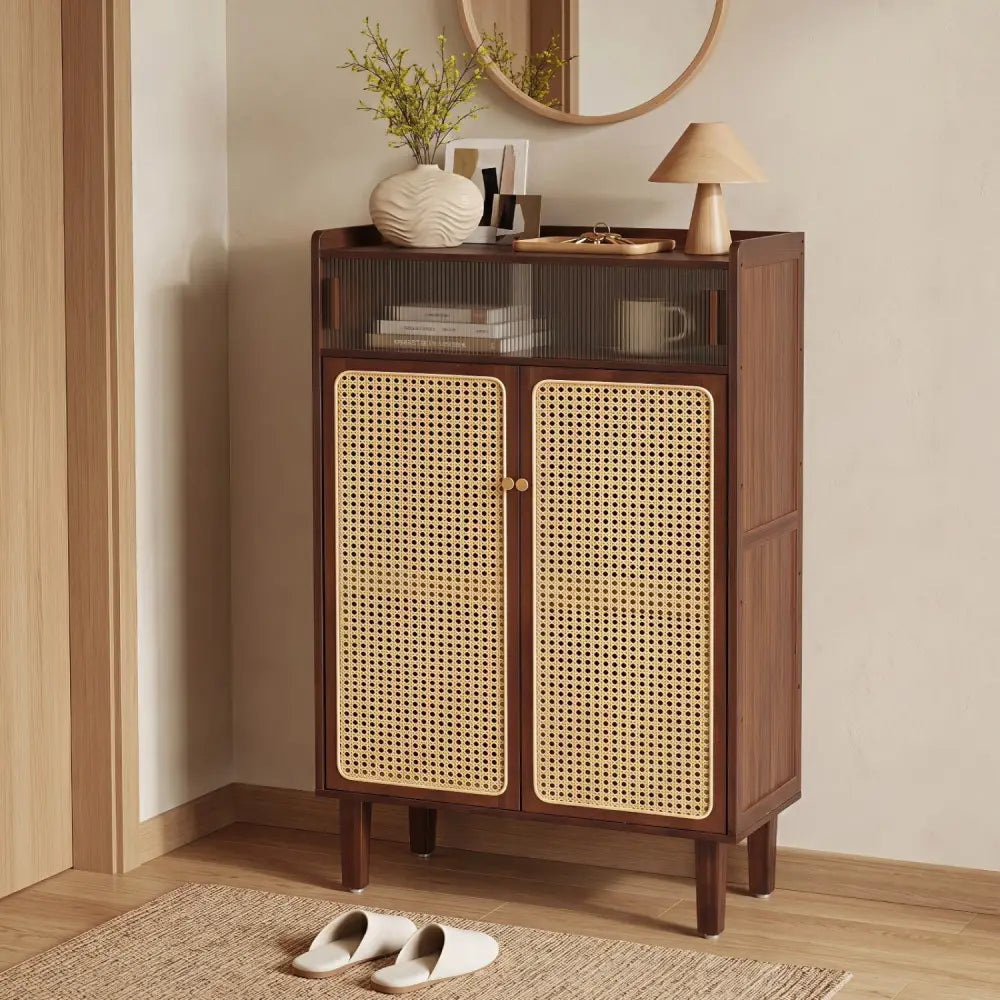 5-Tier Bamboo Shoe Cabinet with Woven Rattan Doors and Sliding Doors for Entryway-Walnut - Walnut - Shoe Racks &