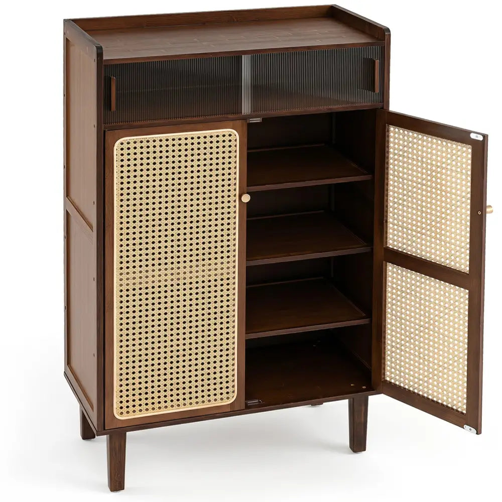 5-Tier Bamboo Shoe Cabinet with Woven Rattan Doors and Sliding Doors for Entryway-Walnut - Walnut - Shoe Racks &