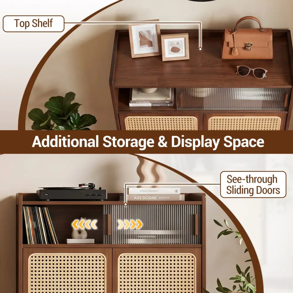 5-Tier Bamboo Shoe Cabinet with Woven Rattan Doors and Sliding Doors for Entryway-Walnut - Walnut - Shoe Racks &