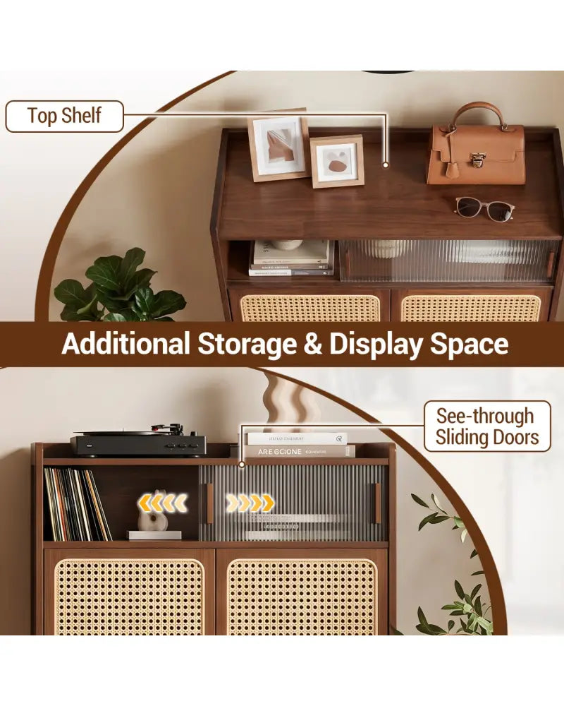 5-Tier Bamboo Shoe Cabinet with Woven Rattan Doors and Sliding Doors for Entryway-Walnut - Walnut - Shoe Racks &