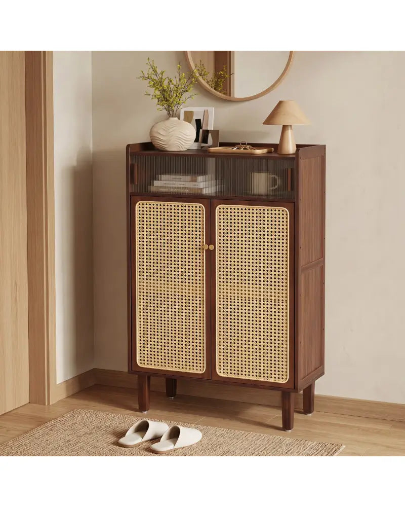 5-Tier Bamboo Shoe Cabinet with Woven Rattan Doors and Sliding Doors for Entryway-Walnut - Walnut - Shoe Racks &