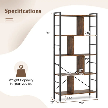 5-tier Bookcase 61 Inch Tall Industrial Bookshelf with Metal Frame Costway