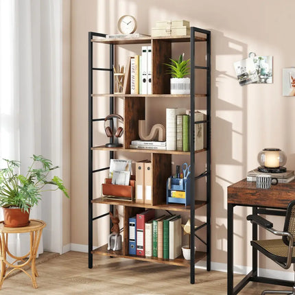 5-tier Bookcase 61 Inch Tall Industrial Bookshelf with Metal Frame Costway