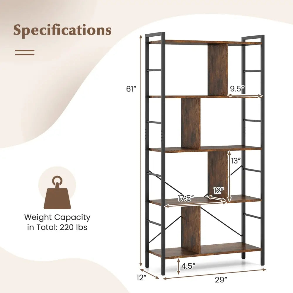 5-tier Bookcase 61 Inch Tall Industrial Bookshelf with Metal Frame - Bookcases