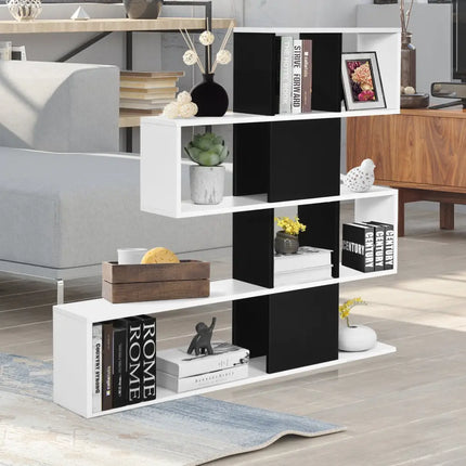 5-Tier Bookshelf Corner Ladder Bookcase with Storage Rack-Black & White Costway