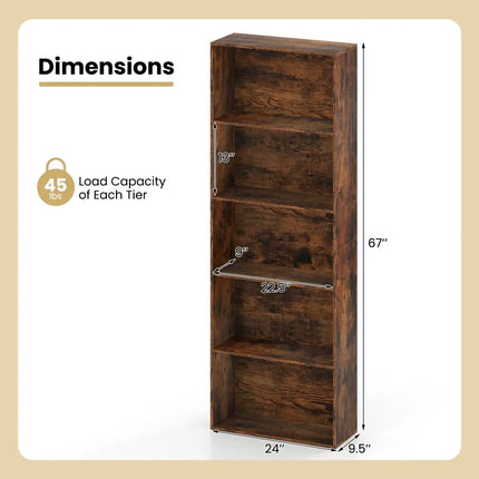 5-Tier Bookshelf Open Bookcase Freestanding Display Shelf Storage Organizer-Rustic Brown Costway