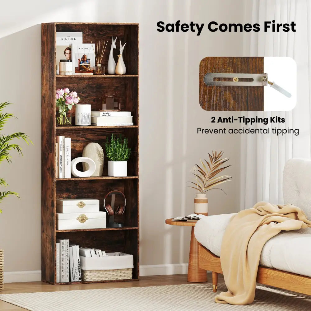 5-Tier Bookshelf Open Bookcase Freestanding Display Shelf Storage Organizer-Rustic Brown - Rustic Brown - Bookcases