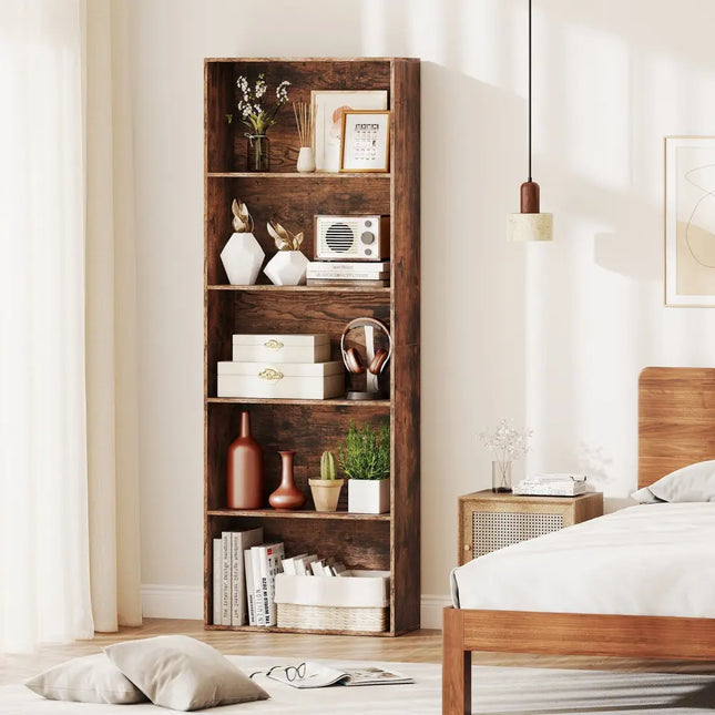 5-Tier Bookshelf Open Bookcase Freestanding Display Shelf Storage Organizer-Rustic Brown Costway
