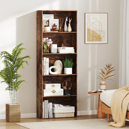 5-Tier Bookshelf Open Bookcase Freestanding Display Shelf Storage Organizer-Rustic Brown Costway