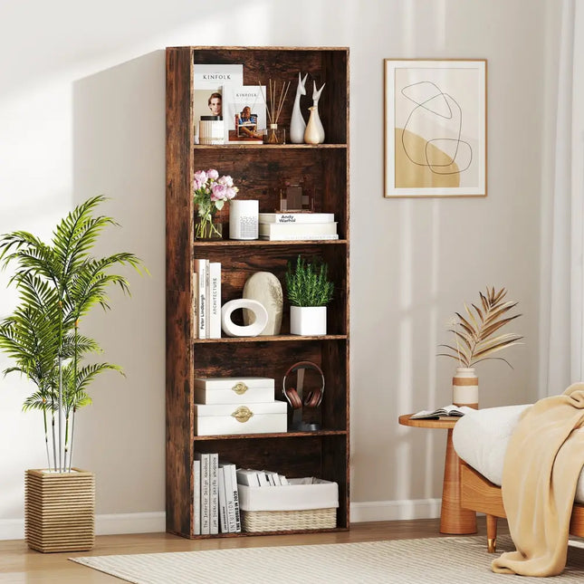 5-Tier Bookshelf Open Bookcase Freestanding Display Shelf Storage Organizer-Rustic Brown Costway