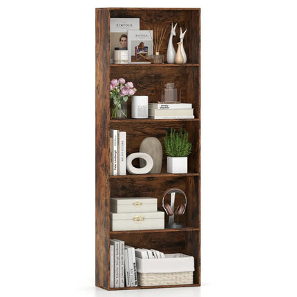 5-Tier Bookshelf Open Bookcase Freestanding Display Shelf Storage Organizer-Rustic Brown Costway