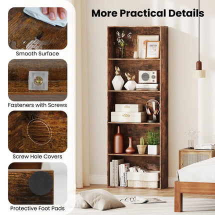 5-Tier Bookshelf Open Bookcase Freestanding Display Shelf Storage Organizer-Rustic Brown Costway