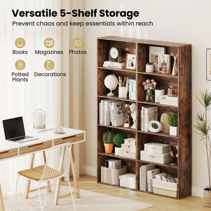 5-Tier Bookshelf Open Bookcase Freestanding Display Shelf Storage Organizer-Rustic Brown Costway
