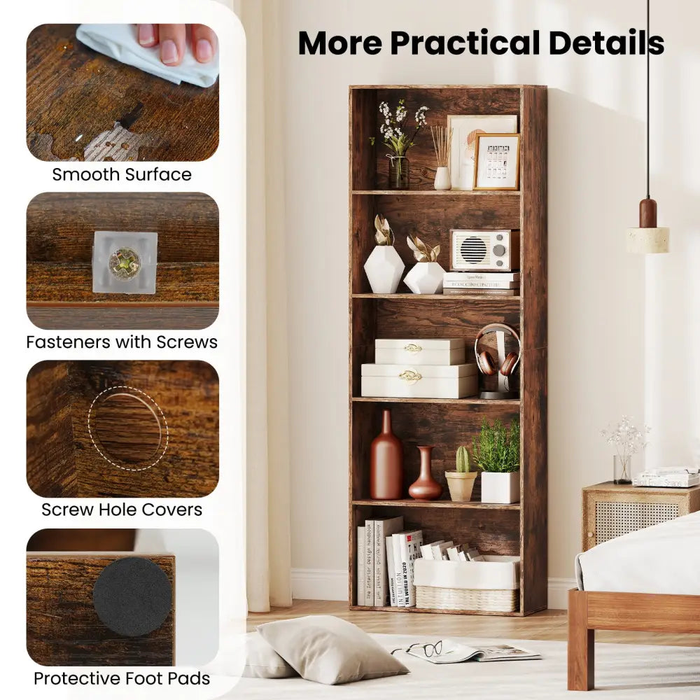 5-Tier Bookshelf Open Bookcase Freestanding Display Shelf Storage Organizer-Rustic Brown - Rustic Brown - Bookcases