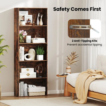 5-Tier Bookshelf Open Bookcase Freestanding Display Shelf Storage Organizer-Rustic Brown Costway