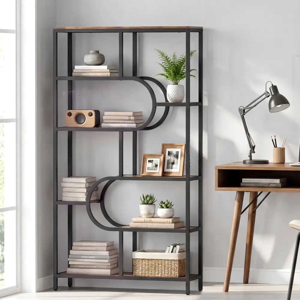 5-Tier Bookshelf Tall Etagere Bookcase with Open Storage Shelves and U Shape-Rustic Brown - Rustic Brown - Bookcases