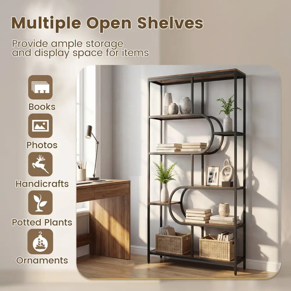 5-Tier Bookshelf Tall Etagere Bookcase with Open Storage Shelves and U Shape-Rustic Brown - Rustic Brown - Bookcases