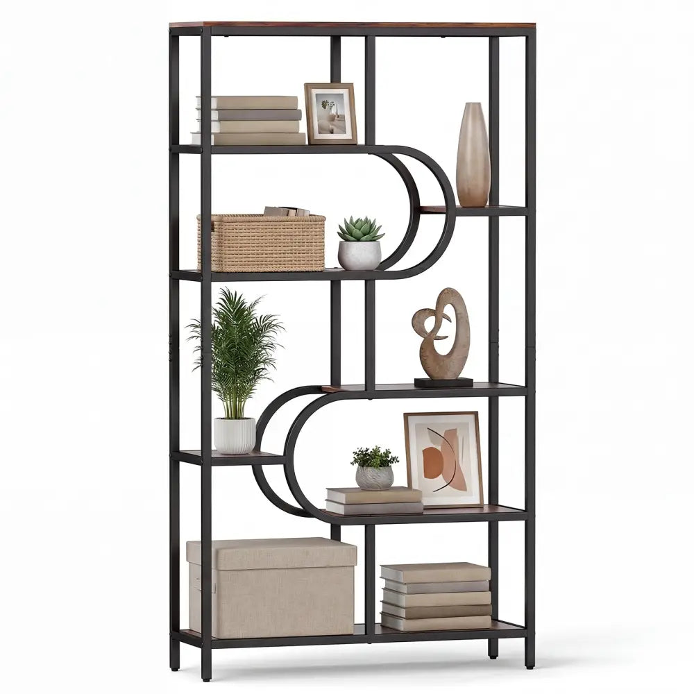 5-Tier Bookshelf Tall Etagere Bookcase with Open Storage Shelves and U Shape-Rustic Brown - Rustic Brown - Bookcases