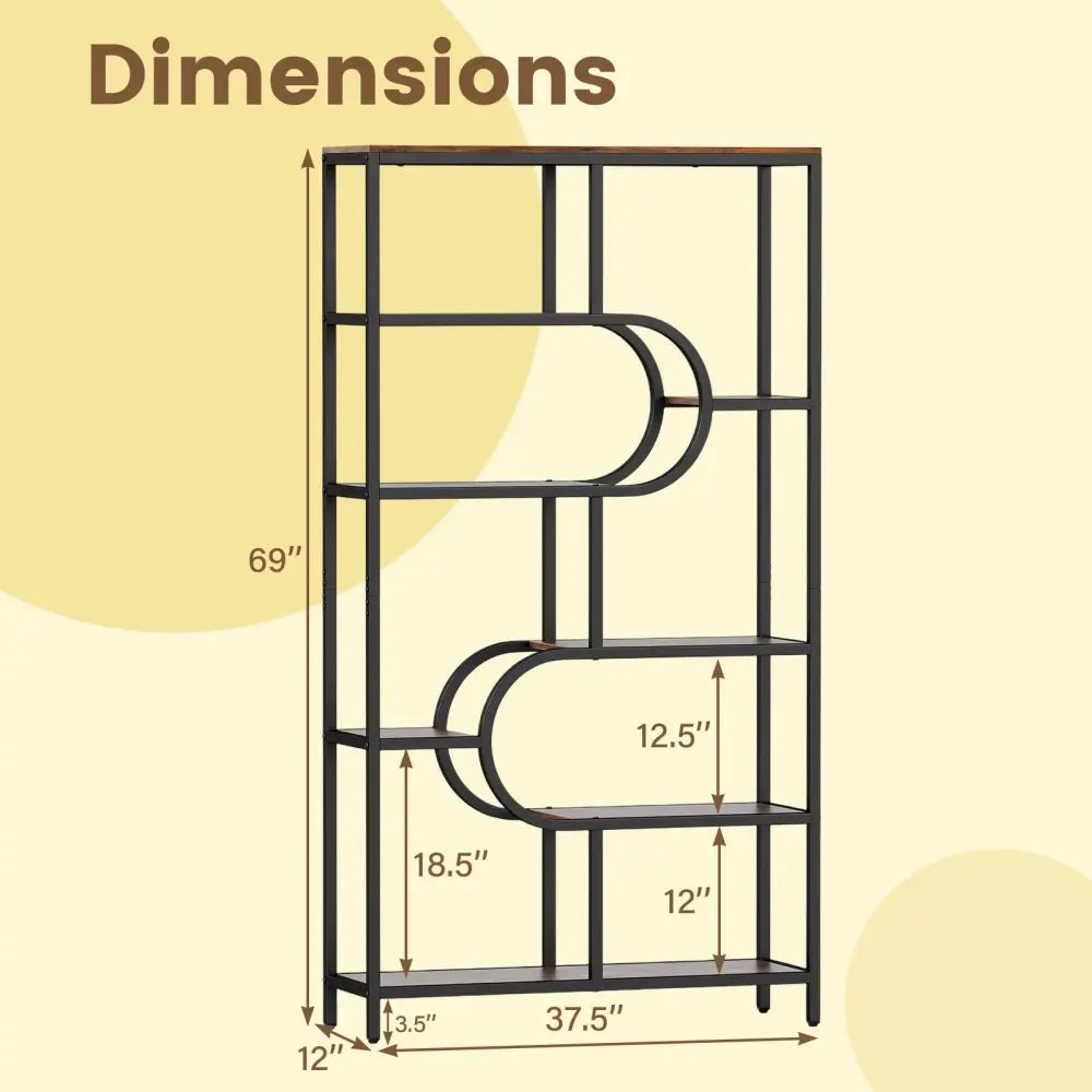 5-Tier Bookshelf Tall Etagere Bookcase with Open Storage Shelves and U Shape-Rustic Brown - Rustic Brown - Bookcases