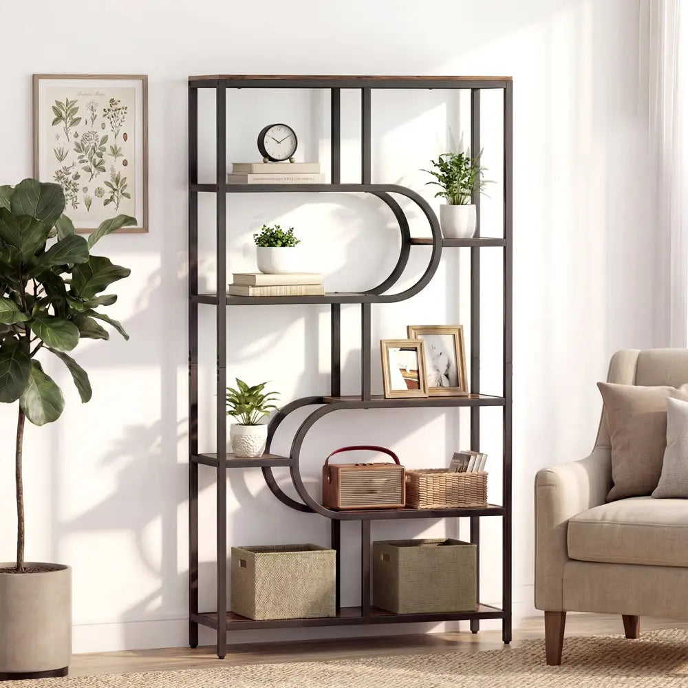 5-Tier Bookshelf Tall Etagere Bookcase with Open Storage Shelves and U Shape-Rustic Brown - Rustic Brown - Bookcases