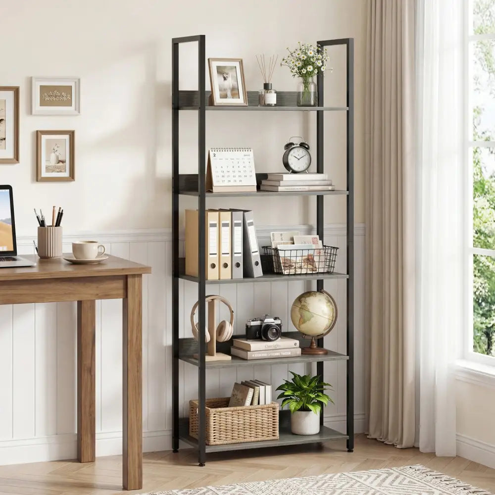 5-Tier Bookshelf Tall Wooden Open Bookcase with Back Panels-Oak - Oak - Bookcases