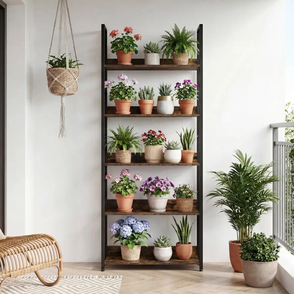 5-Tier Bookshelf Tall Wooden Open Bookcase with Back Panels-Rustic Brown - Rustic Brown - Bookcases
