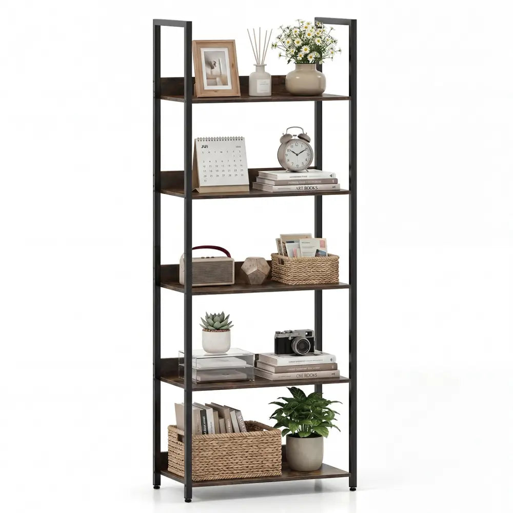 5-Tier Bookshelf Tall Wooden Open Bookcase with Back Panels-Rustic Brown - Rustic Brown - Bookcases