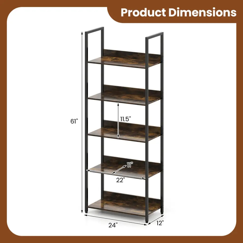 5-Tier Bookshelf Tall Wooden Open Bookcase with Back Panels-Rustic Brown - Rustic Brown - Bookcases