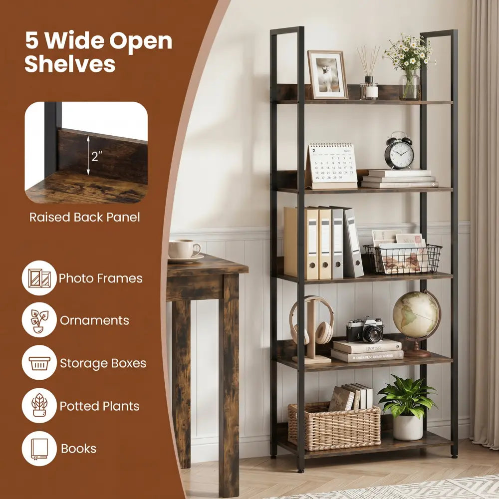 5-Tier Bookshelf Tall Wooden Open Bookcase with Back Panels-Rustic Brown - Rustic Brown - Bookcases