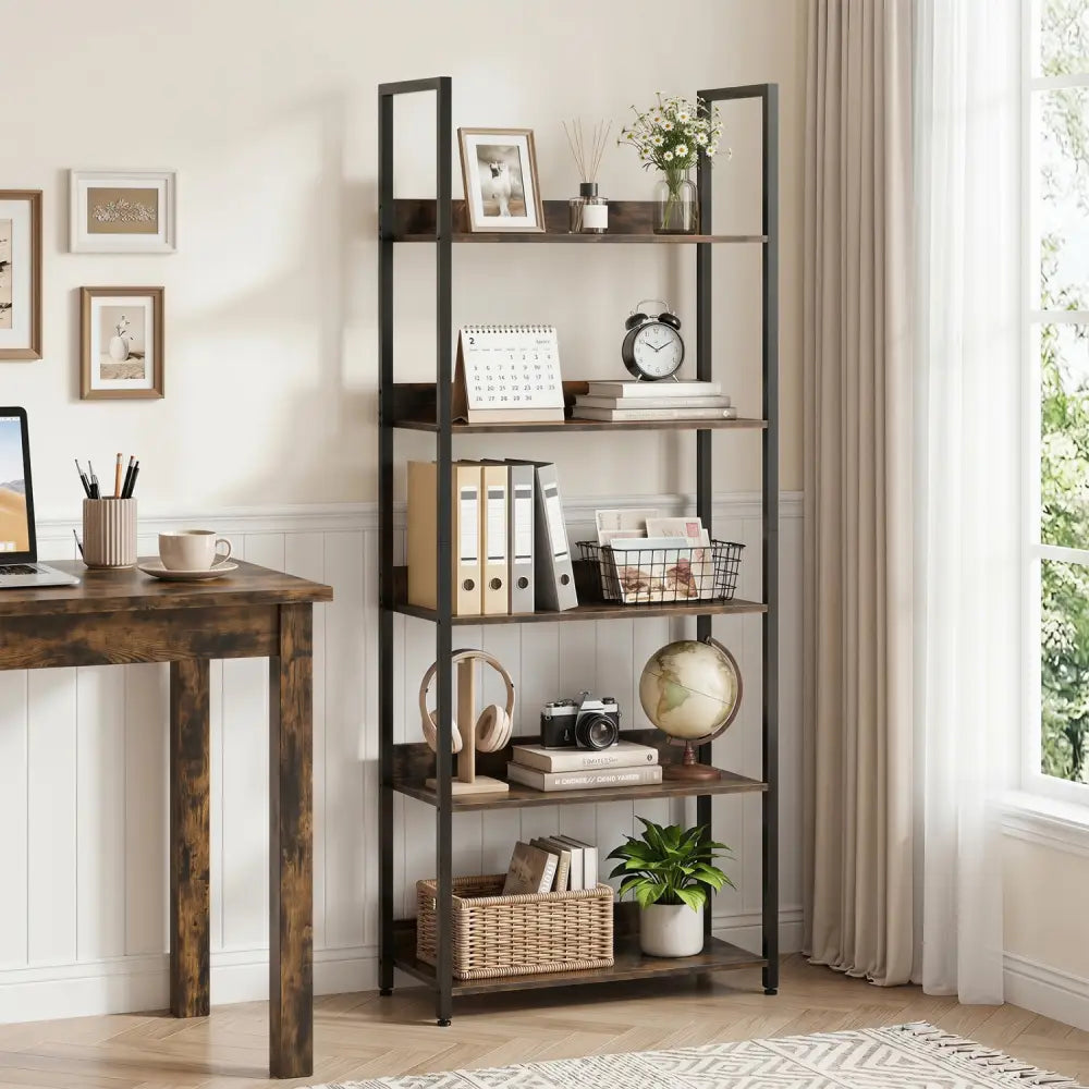 5-Tier Bookshelf Tall Wooden Open Bookcase with Back Panels-Rustic Brown - Rustic Brown - Bookcases