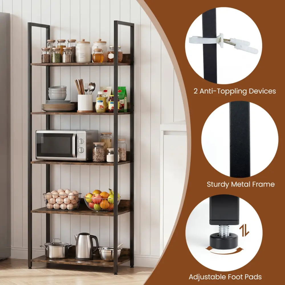 5-Tier Bookshelf Tall Wooden Open Bookcase with Back Panels-Rustic Brown - Rustic Brown - Bookcases