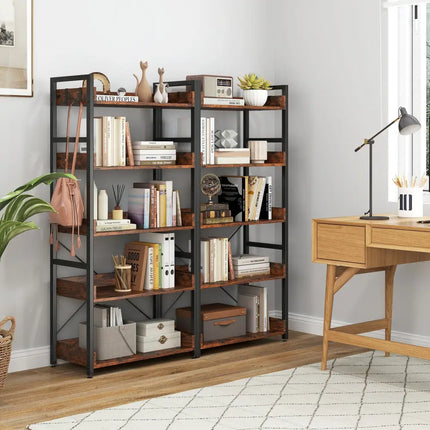 5-Tier Bookshelf with 4 Hooks Industrial Storage Bookcase-Rustic Brown Costway