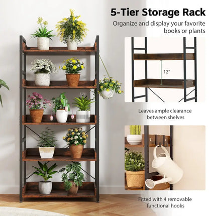 5-Tier Bookshelf with 4 Hooks Industrial Storage Bookcase-Rustic Brown Costway