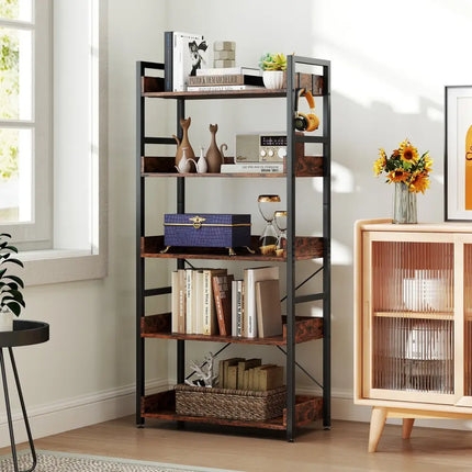 5-Tier Bookshelf with 4 Hooks Industrial Storage Bookcase-Rustic Brown Costway