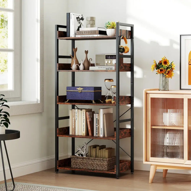 5-Tier Bookshelf with 4 Hooks Industrial Storage Bookcase-Rustic Brown Costway