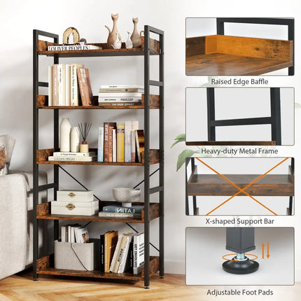 5-Tier Bookshelf with 4 Hooks Industrial Storage Bookcase-Rustic Brown Costway